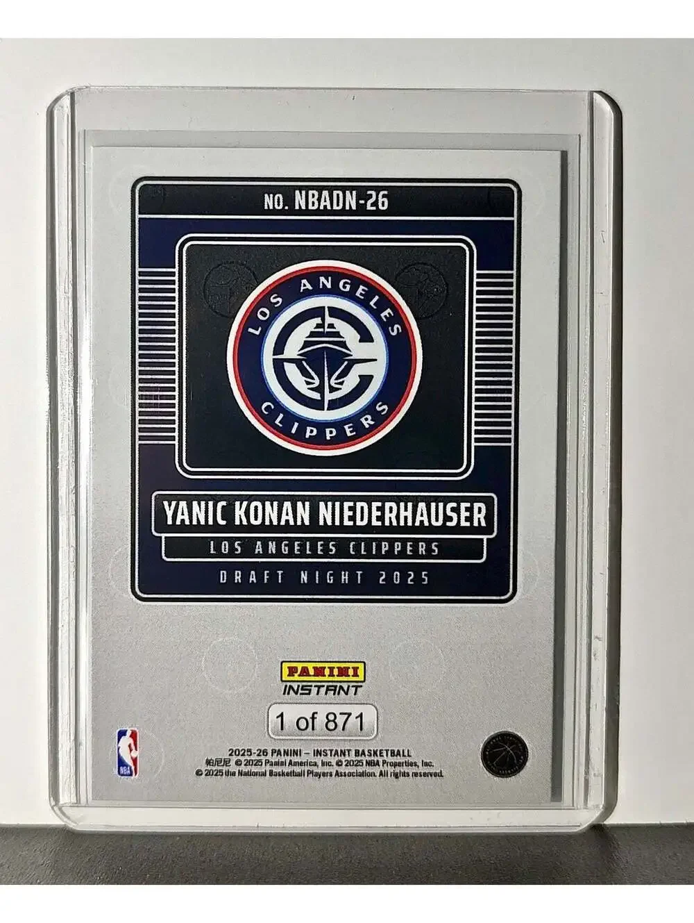 Yanic Konan Niederhauser Rookie 2025-26 Panini NBA #26 Draft Night LA Clippers